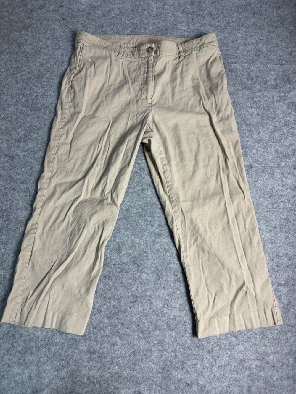J.Jill Linen Stretch Crop Pants Khaki Beige Size 14 Button Front